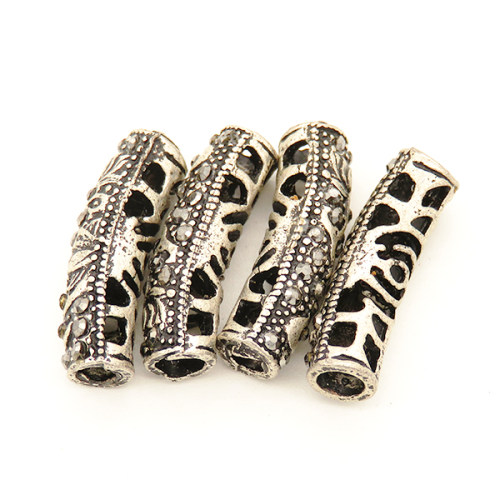 Alloy Tube Beads,Rhinestone,Hollow,Tube,Plating white K Gold,Black,7*26mm,Hole:4mm,about 2.5g/pc,5 pcs/package,XFFO00177aahl-L003
