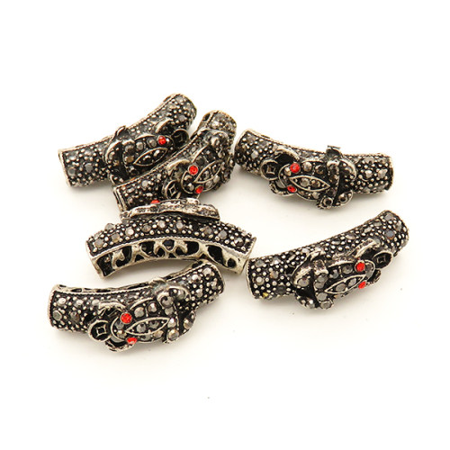 Alloy Tube Beads,Rhinestone,Hollow,Tube,Toad,Plating white K Gold,Red,Black,7*26mm,Hole:4mm,about 3.5g/pc,5 pcs/package,XFFO00183aahl-L003