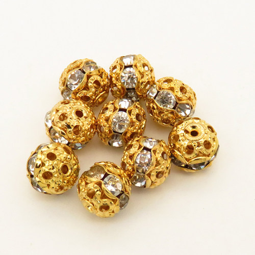 Brass Filigree Beads,Rhinestone,Ball,Hollow,Plating gold,White,10mm,Hole:1mm,about 0.8g/pc,50 pcs/package,XFFO00191bobb-L003