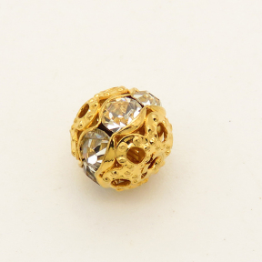 Brass Filigree Beads,Rhinestone,Ball,Hollow,Plating gold,White,10mm,Hole:1mm,about 0.8g/pc,50 pcs/package,XFFO00191bobb-L003