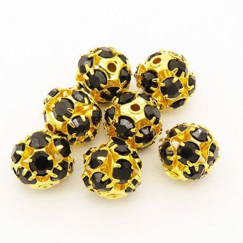 Brass Filigree Beads,Rhinestone,Ball,Hollow,Plating gold,Black,10mm,Hole:1mm,about 0.5g/pc,50 pcs/package,XFFO00195bobb-L003