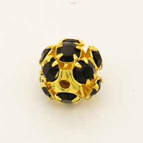 Brass Filigree Beads,Rhinestone,Ball,Hollow,Plating gold,Black,10mm,Hole:1mm,about 0.5g/pc,50 pcs/package,XFFO00195bobb-L003