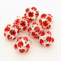 Brass Filigree Beads,Rhinestone,Ball,Hollow,Plating silver,Red,10mm,Hole:1mm,about 0.5g/pc,50 pcs/package,XFFO00197bobb-L003