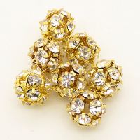 Brass Filigree Beads,Rhinestone,Ball,Hollow,Plating gold,White,10mm,Hole:2mm,about 0.5g/pc,50 pcs/package,XFFO00199bobb-L003