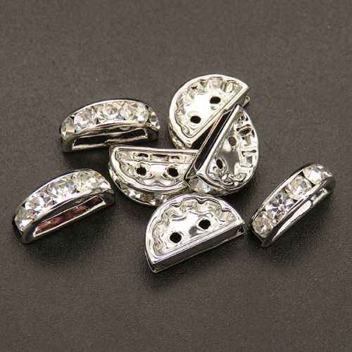Brass Rhinestone Spacer Beads,Semicircle beads,Plating white K Gold,White,7x12mm,Hole:1mm,about 0.5g/pc,100 pcs/package,XFFO00232ajvb-L003