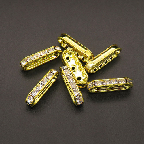 Brass Rhinestone Spacer Beads,Strip beads,Plating gold,White,7x21mm,Hole:1.5mm,about 1.0g/pc,100 pcs/package,XFFO00236ajvb-L003