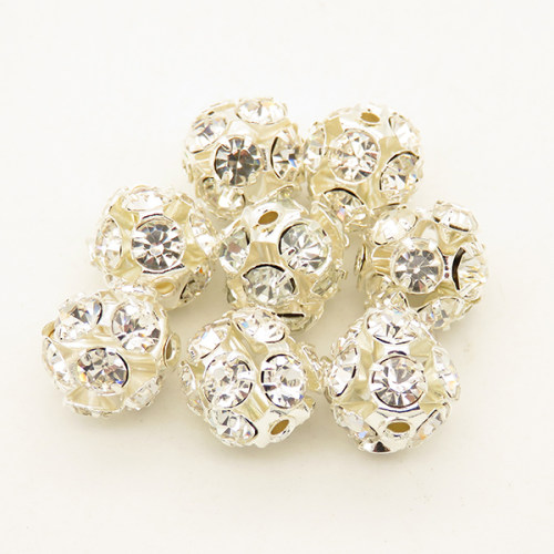 Brass Filigree Beads,Rhinestone,Ball,Hollow,Plating silver,White,10mm,Hole:2mm,about 0.5g/pc,50 pcs/package,XFPC00545bobb-L003