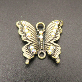 Zinc Alloy Normal Links,Rhinestone,Butterfly,Bronze,20*17*2.5mm,Hole:2mm,about 2.77g/pc,10 pcs/package,XFCO01008aaha-L003