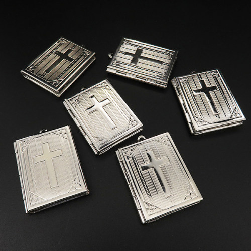 Brass Locket Pendants,Openable rectangle,Cross,Plating white K Gold,38*27*6mm,Hole:2mm,about 11.5g/pc,10 pcs/package,XFPC00598ibbb-L003