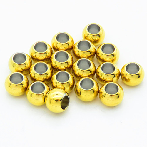 304 Stainless Steel Beads,Round,Vacuum plating gold,6x8mm,Hole: 4~4.5mm,about 1.1 g/pc,100 pcs/package,XFF00614aiov-906