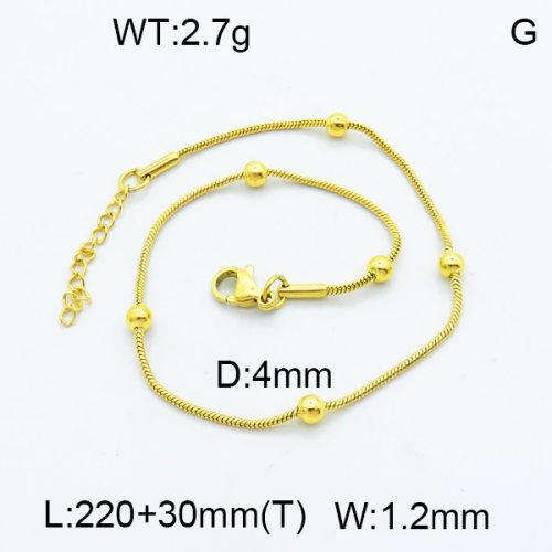 304 Stainless Steel Anklets,Rondelle Beads Round Snake Chain,Vacuum plating 18K gold,L:220x1.2mm,T:30mm,Ball:4mm,about 2.7 g/pc,1 pc/package,3B2002954aain-G029