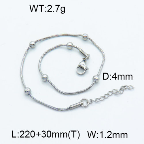 304 Stainless Steel Anklets,Rondelle Beads Round Snake Chain,True color,L:220x1.2mm,T:30mm,Ball:4mm,about 2.7 g/pc,1 pc/package,3B2002955aahp-G029
