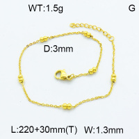 304 Stainless Steel Anklets,Cable Satellite Chains,Vacuum plating 18K gold,L:220x1.3mm,T:30mm,Ball:3mm,about 1.5 g/pc,1 pc/package,3B2002956aajh-G029