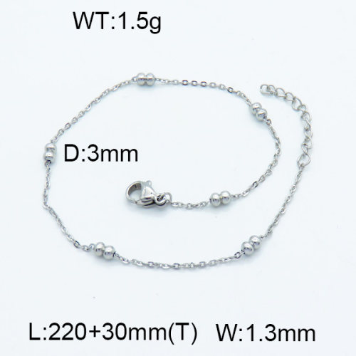 304 Stainless Steel Anklets,Cable Satellite Chains,True color,L:220x1.3mm,T:30mm,Ball:3mm,about 1.5 g/pc,1 pc/package,3B2002957aaih-G029