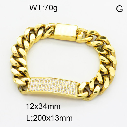 304 Stainless Steel Cubic Zirconia European Bracelets,High quality handmade polishing,Cuban Chain,Vacuum plating 18K gold,L:200x13mm,Link:12x34mm,about 70 g/pc,1 pc/package,3B4002583-066akja