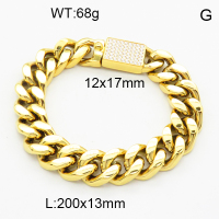 304 Stainless Steel Cubic Zirconia European Bracelets,High quality handmade polishing,Cuban Chain,Vacuum plating 18K gold,L:200x13mm,Clasp:12x17mm,about 68 g/pc,1 pc/package,3B4002585-066aima