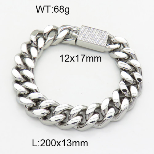 304 Stainless Steel Cubic Zirconia European Bracelets,High quality handmade polishing,Cuban Chain,True color,L:200x13mm,Clasp:12x17mm,about 68 g/pc,1 pc/package,3B4002586-066aija