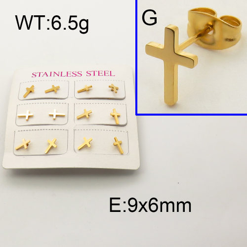 304 Stainless Steel Ear Studs,Polished,Cross,Vacuum plating 18K gold,9x6mm,about 6.5 g/package,6 pairs/package,3E2002008bbni-900