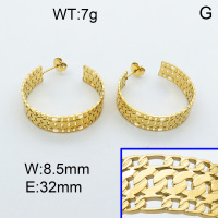 304 Stainless Steel Ear Studs,High quality handmade polishing,Curb Chains,Figaro Chains,Vacuum plating 18K gold,32x8.5mm,about 7 g/pair,1 pair/package,3E2002641bhia-066