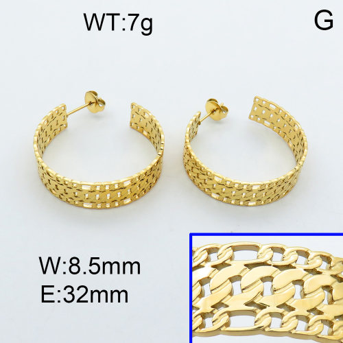304 Stainless Steel Ear Studs,High quality handmade polishing,Curb Chains,Figaro Chains,Vacuum plating 18K gold,32x8.5mm,about 7 g/pair,1 pair/package,3E2002641bhia-066