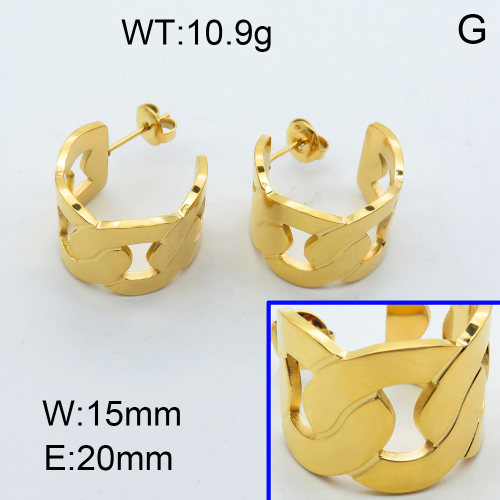 304 Stainless Steel Ear Studs,High quality handmade polishing,Curb Chains,Vacuum plating 18K gold,20x15mm,about 10.9 g/pair,1 pair/package,3E2002645bhva-066