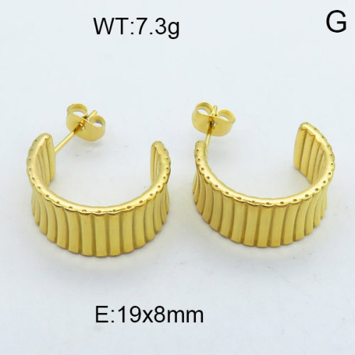 316 Stainless Steel Casting Ear Studs,High quality handmade polishing,Groove stripe,Semi-circle,Vacuum plating 18K gold,19x8mm,about 7.3 g/pair,1 pair/package,3E2003789bhva-066