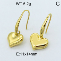 304 Stainless Steel Dangle Earrings,High quality handmade polishing,Hook Heart,Vacuum plating 18K gold,11x14mm,about 6.2 g/pair,1 pair/package,3E2003790ahjb-066