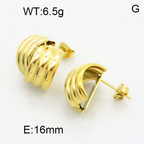 316 Stainless Steel Casting Ear Studs,High quality handmade polishing,Double triple half circle,Vacuum plating 18K gold,16mm,about 6.5 g/pair,1 pair/package,3E2003953bhia-066