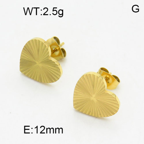 304 Stainless Steel Ear Studs,Polished,Corrugated,Heart,Vacuum plating 18K gold,12mm,about 2.5 g/pair,1 pair/package,3E2003956vbnb-066