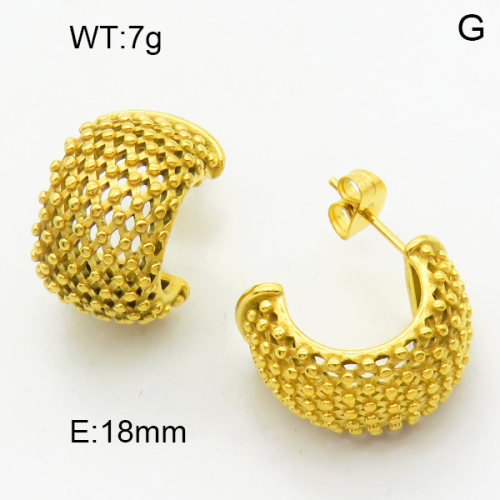 316 Stainless Steel Casting Ear Studs,High quality handmade polishing,Hollow,Mesh,Semi-circle,Vacuum plating 18K gold,18mm,about 7 g/pair,1 pair/package,3E2004441vhha-066