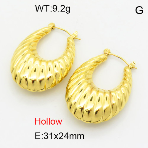 316 Stainless Steel Casting Hoop Earrings,High quality handmade polishing,Hollow,Stripe,Oval,Vacuum plating 18K gold,31x24mm,about 9.2 g/pair,1 pair/package,3E2004659ahjb-066