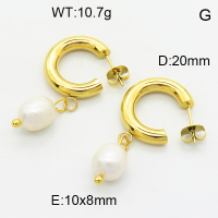 316 Stainless Steel Casting Natural Freshwater Pearl Dangle Earrings,High quality handmade polishing,Semi-circle,Vacuum plating 18K gold,Pear:10x8mm,D:20mm,about 10.7 g/pair,1 pair/package,3E3001319bhva-066