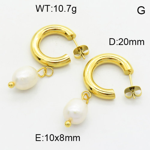 316 Stainless Steel Casting Natural Freshwater Pearl Dangle Earrings,High quality handmade polishing,Semi-circle,Vacuum plating 18K gold,Pear:10x8mm,D:20mm,about 10.7 g/pair,1 pair/package,3E3001319bhva-066