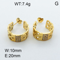 304 Stainless Steel Cubic Zirconia Ear Studs,High quality handmade polishing,Curb Chains,Vacuum plating 18K gold,20x10mm,about 7.4 g/pair,1 pair/package,3E4002263bhia-066
