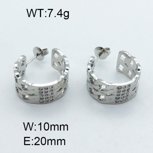 304 Stainless Steel Cubic Zirconia Ear Studs,High quality handmade polishing,Curb Chains,True color,20x10mm,about 7.4 g/pair,1 pair/package,3E4003001bhva-066