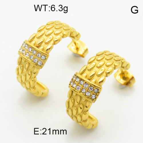 316 Stainless Steel Casting Cubic Zirconia Ear Studs,High quality handmade polishing,Oval,Semi-circle,Vacuum plating 18K gold,21mm,about 6.3 g/pair,1 pair/package,3E4003169bhia-066