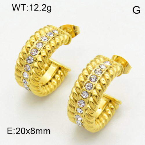 316 Stainless Steel Casting Cubic Zirconia Ear Studs,High quality handmade polishing,Twill,Semi-circle,Vacuum plating 18K gold,20x8mm,about 12.2 g/pair,1 pair/package,3E4003171bhia-066