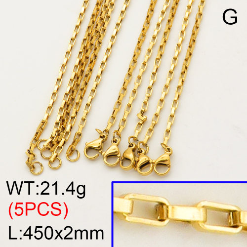 304 Stainless Steel Necklace Making,Venetian Box Chain,Vacuum plating 18K gold,450x2mm,about 4.28 g/pc,5 pcs/package,3N2000833vbpb-G015