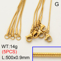 304 Stainless Steel Necklace Making,Round Snake Chain,Vacuum plating 18K gold,500x0.9mm,about 2.8 g/pc,5 pcs/package,3N2000835ahlv-G015