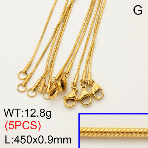 304 Stainless Steel Necklace Making,Round Snake Chain,Vacuum plating 18K gold,450x0.9mm,about 2.56 g/pc,5 pcs/package,3N2000836ahlv-G015