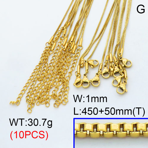 304 Stainless Steel Necklace Making,Box Chain,Vacuum plating gold,L:450x1mm,T:50mm,about 3.07 g/pc,10 pcs/package,3N2001416ajia-G015