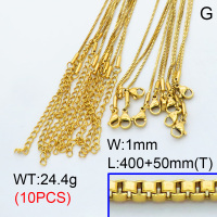 304 Stainless Steel Necklace Making,Box Chain,Vacuum plating gold,L:400x1mm,T:50mm,about 2.44 g/pc,10 pcs/package,3N2001417ajvb-G015