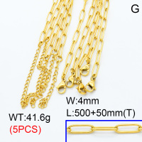 304 Stainless Steel Necklace Making,Cable Paperclip Chains,Vacuum plating 18K gold,L:500x4mm,T:50mm,about 8.32 g/pc,5 pcs/package,3N2001419aija-G015