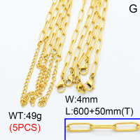 304 Stainless Steel Necklace Making,Cable Paperclip Chains,Vacuum plating 18K gold,L:600x4mm,T:50mm,about 9.8 g/pc,5 pcs/package,3N2001421vina-G015