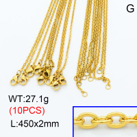 304 Stainless Steel Necklace Making,Cable Chains,Vacuum plating gold,450x2mm,about 2.71 g/pc,10 pcs/package,3N2001423bhbl-G015