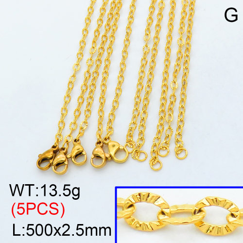 304 Stainless Steel Necklace Making,Textured Cable Chains Link Chains,Vacuum plating 18K gold,500x2.5mm,about 2.7 g/pc,5 pcs/package,3N2001429ahlv-G022