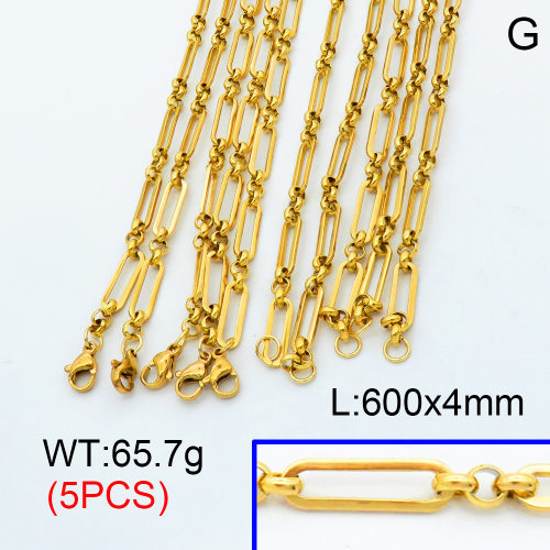 304 Stainless Steel Handmade chain Necklaces,Handmade Figaro Chain,Vacuum plating 18K gold,600x4mm,about 13.14 g/pc,5 pcs/package,3N2001441alhv-G022
