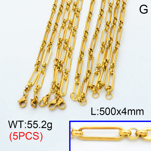 304 Stainless Steel Handmade chain Necklaces,Handmade Figaro Chain,Vacuum plating 18K gold,500x4mm,about 11.04 g/pc,5 pcs/package,3N2001443akjl-G022