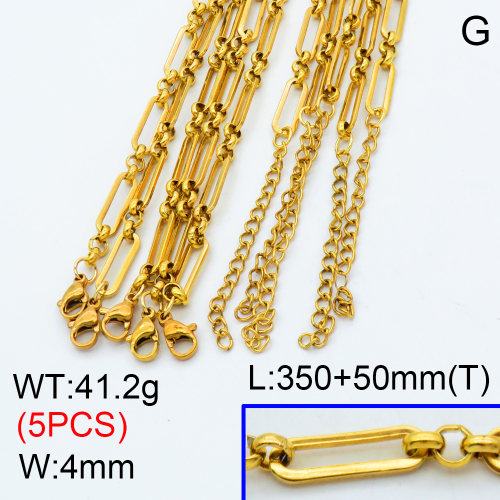 304 Stainless Steel Handmade chain Choker Necklaces,Handmade Figaro Chain,Vacuum plating 18K gold,L:350x4mm,T:50mm,about 8.24 g/pc,5 pcs/package,3N2001445ajib-G022