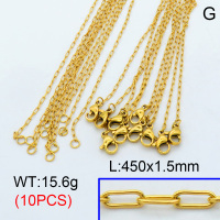 304 Stainless Steel Necklace Making,Cable Paperclip Chains,Vacuum plating gold,450x1.5mm,about 1.56 g/pc,10 pcs/package,3N2001447vhkb-G022
